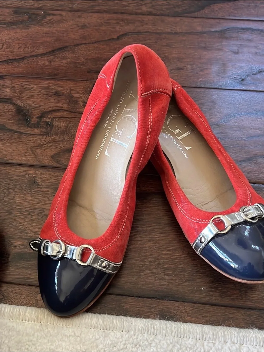 AGL Red Suede Flats with Navy Patent Cap-Toe and Silver Accent.